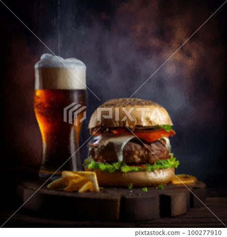 Homemade burger with grilled beef, cheese, onion, tomato, and green salad, sauce, with pickles and French fries,and a glass of beer in the background. 100277910