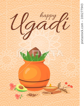 Ugadi. Indian state religion holiday, gudi padwa festival celebration happy ugadi greeting card with rangoli flower kalash pot hindu pooja food, karnataka india vector illustration 100277943