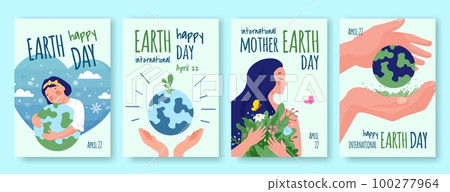 Renewable earth posters. World planet day card, girl hugging green globe save ecology environment nature protection concept 100277964