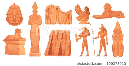 Egyptian stone statue. Ancient clay figurines or rock monuments of god pharaoh egypt mythology, cartoon landmark religion temple antique civilization ingenious vector illustration 100278020