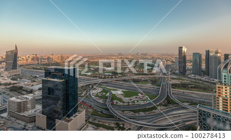 Panorama showing Dubai marina and JLT skyscrapers along Sheikh Zayed Road aerial timelapse. 100278413