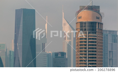 Aerial view of Dubai International Financial Centre DIFC district timelapse 100278896