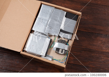 Hand made bomb with c4 and cell phone module in a cardboard box 100280006