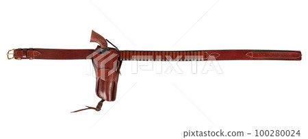 Old west weapon. Leather gun belt with ammnunitions and revolver in holster 100280024