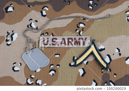US ARMY private rank patch and dog tags on Desert Battle Dress Uniform 100280029