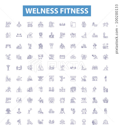 Welness fitness line icons, signs set. Wellness, Fitness, Exercise, Health, Nutrition, Diet, Strength, Yoga, Meditation outline vector illustrations. 100280133