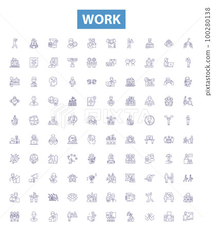 Work line icons, signs set. job, labor, effort, task, drill, grind, toil, strain,business outline vector illustrations. 100280138