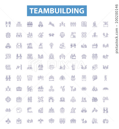 Teambuilding line icons, signs set. Teamwork, Cooperative, Collaboration, Networking, Unite, Bonding, Communication, Motivation, Synergy outline vector illustrations. 100280146