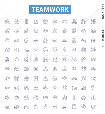 Teamwork line icons, signs set. Collaboration, Cooperation, Synergy, Affinity, Union, Joint, Unity, Alliance, Bond outline vector illustrations. 100280154