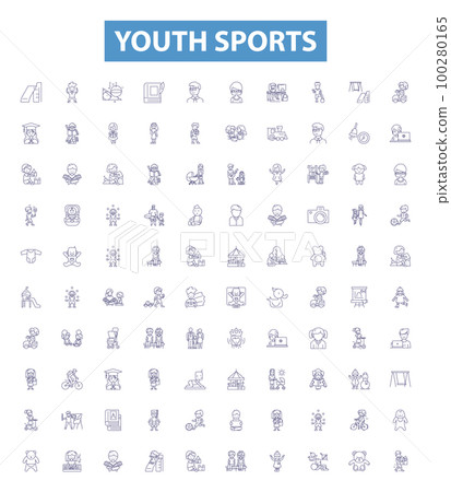 Youth sports line icons, signs set. Youth, Sports, Soccer, Basketball, Football, Baseball, Hockey, Lacrosse, Track outline vector illustrations. 100280165