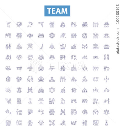 Team line icons, signs set. Squad, Crew, Group, Unit, Alliance, Faction, Club, Fraternity, Syndicate outline vector illustrations. 100280168