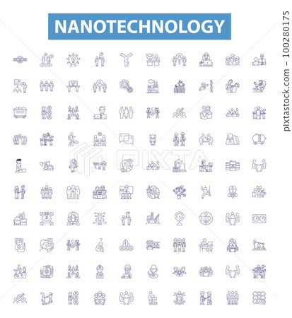 Nanotechnology line icons, signs set. Nano, Technology, Nanomaterials, Nanoparticles, Nanoelectronics, Nanomedicine, Nanobots, Nanofabrication, Nanoscale outline vector illustrations. 100280175