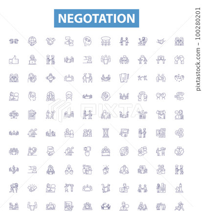 Negotation line icons, signs set. Negotiate, haggle, discuss, bargain, mediate, arbitrate, parley, contend, debate outline vector illustrations. 100280201