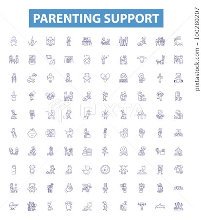 Parenting support line icons, signs set. Guidance, Backing, Nurturing, Mentoring, Counsel, Instructing, Encouraging, Uplifting, Coaching outline vector illustrations. 100280207