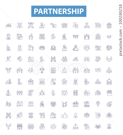 Partnership line icons, signs set. Alliance, Cooperation, Union, Affinity, Fellowship, Consortium, Linkage, Interaction, Joint Venture outline vector illustrations. Partnership line icons, signs set. Alliance, Cooperation, Union, Affinity, Fellowship, Consortium, Linkage, Interaction, Joint Venture outline vector illustrations. 100280258