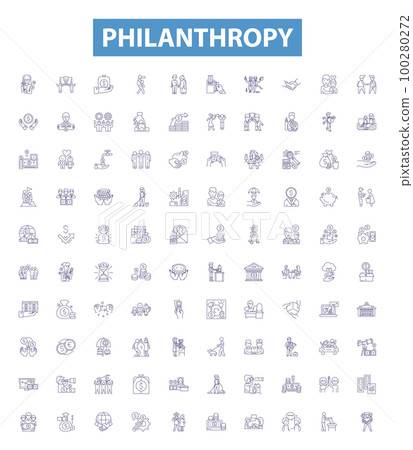 Philanthropy line icons, signs set. Charitable, Generous, Altruistic, Selfless, Humane, Giving, Altruism, Donating, Big Hearted outline vector illustrations. Philanthropy line icons, signs set. Charitable, Generous, Altruistic, Selfless, Humane, Giving, Altruism, Donating, Big Hearted outline vector illustrations. 100280272