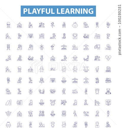 Playful learning line icons, signs set. Frolicking, Entertaining, Cheerful, Joyful, Humorous, Jesting, Comical, Mirthful, Diversionary outline vector illustrations. 100280281