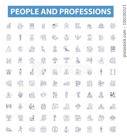 People and professions line icons, signs set. People, Professions, Nurse, Teacher, Lawyer, Pilot, Chef, Artist, Banker outline vector illustrations. 100280321
