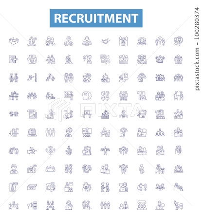 Recruitment line icons, signs set. Hiring, Appoint, Source, Staffing, Engage, Induct, Enlist, Acquire, Enroll outline vector illustrations. 100280374