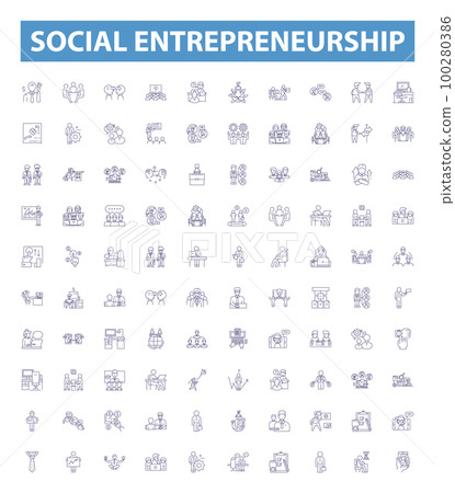 Social entrepreneurship line icons, signs set. Social, Entrepreneurship, Networking, Initiative, Impact, Community, Charitable, Empowerment, Solutions outline vector illustrations. Social entrepreneurship line icons, signs set. Social, Entrepreneurship, Networking, Initiative, Impact, Community, Charitable, Empowerment, Solutions outline vector illustrations. 100280386