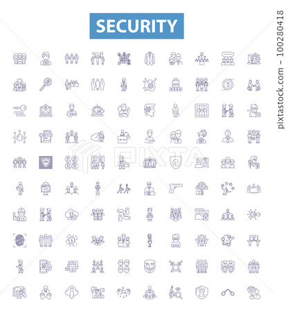 Security line icons, signs set. Secure, Safeguard, Protect, Fortify, Defend, Shield, Lockdown, Guard, Ward outline vector illustrations. Security line icons, signs set. Secure, Safeguard, Protect, Fortify, Defend, Shield, Lockdown, Guard, Ward outline vector illustrations. 100280418