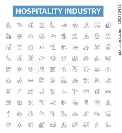 Hospitality industry line icons, signs set. Hospitality, Industry, Tourism, Accommodation, Hotels, Services, Food, Restaurants, Resorts outline vector illustrations. 100280431