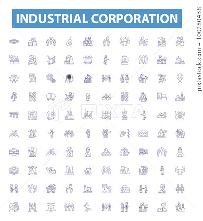 Industrial corporation line icons, signs set. Industry, Corporation, Manufacturing, Industrialization, Industry Corporation, Production, Commercially, Enterprises, Goods outline vector illustrations. 100280438