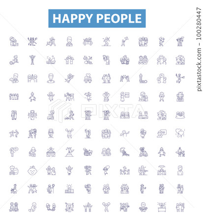 Happy people line icons, signs set. Cheerful, Joyful, Grinning, Content, Gleeful, Carefree, Mirthful, Blissful, Jocular outline vector illustrations. Happy people line icons, signs set. Cheerful, Joyful, Grinning, Content, Gleeful, Carefree, Mirthful, Blissful, Jocular outline vector illustrations. 100280447
