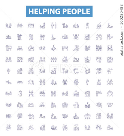 Helping people line icons, signs set. Aid, Assist, Support, Facilitate, Empower, Nurture, Alleviate, Relieve, Encourage outline vector illustrations. 100280488