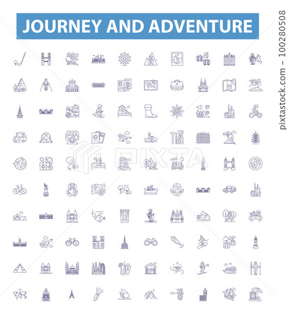 Journey and adventure line icons, signs set. Voyage, Expedition, Trek, Traverse, Roam, Expeditionary, Tour, Exploration, Wandering outline vector illustrations. 100280508