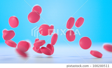 Freeze motion of falling pills on blue background. Freeze motion of falling pills on blue background. 100280511