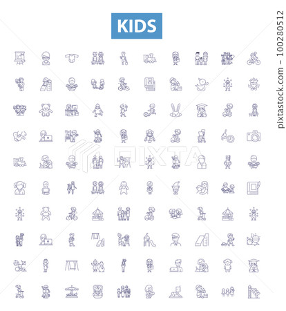 Kids line icons, signs set. Children, Toddlers, Babies, Youth, Teenagers, Infants, Nursery, Playful, Educate outline vector illustrations. 100280512