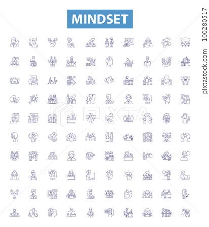 Mindset line icons, signs set. Attitude, Outlook, Perspective, Psyche, Disposition, Worldview, Thinking, Tenor, Mental outline vector illustrations. Mindset line icons, signs set. Attitude, Outlook, Perspective, Psyche, Disposition, Worldview, Thinking, Tenor, Mental outline vector illustrations. 100280517