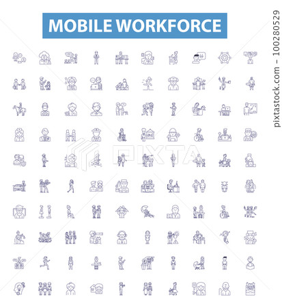 Mobile workforce line icons, signs set. Mobile, Workforce, Teleworking, Remote, Technology, Digital, Virtual, Job, Accessibility outline vector illustrations. Mobile workforce line icons, signs set. Mobile, Workforce, Teleworking, Remote, Technology, Digital, Virtual, Job, Accessibility outline vector illustrations. 100280529
