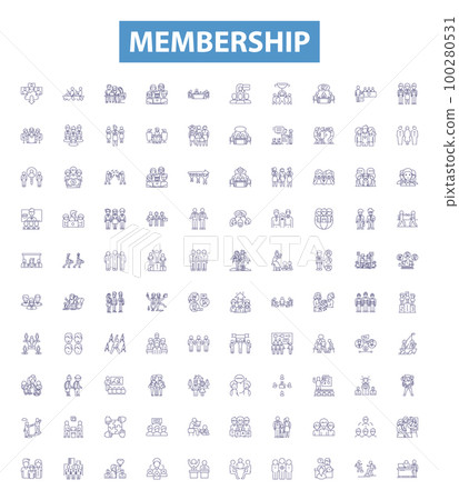 Membership line icons, signs set. Enrollment, Subscription, Admittance, Association, Access, Permit, Affiliation, Franchise, License outline vector illustrations. Membership line icons, signs set. Enrollment, Subscription, Admittance, Association, Access, Permit, Affiliation, Franchise, License outline vector illustrations. 100280531