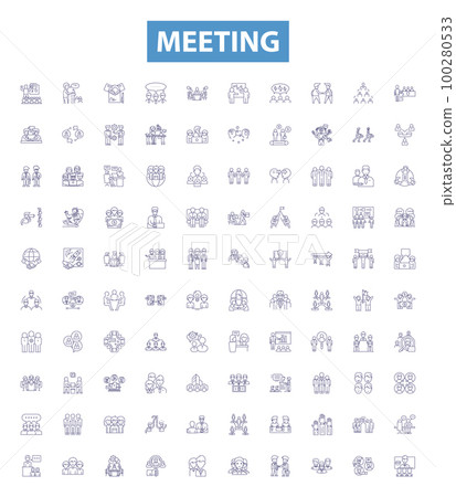 Meeting line icons, signs set. Gathering, Conclave, Conference, Reunion, Forum, Dialogue, Congress, Colloquium, Convention outline vector illustrations. 100280533