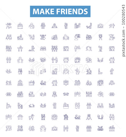 Make friends line icons, signs set. Connect, Mingle, Socialize, Acquaint, Network, Associate, Join, Unite, Interact outline vector illustrations. Make friends line icons, signs set. Connect, Mingle, Socialize, Acquaint, Network, Associate, Join, Unite, Interact outline vector illustrations. 100280543
