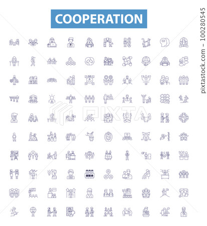 Cooperation line icons, signs set. Collaboration, Accord, Alliance, Union, Consensus, Compromise, Amity, Affinity, Truce outline vector illustrations. Cooperation line icons, signs set. Collaboration, Accord, Alliance, Union, Consensus, Compromise, Amity, Affinity, Truce outline vector illustrations. 100280545