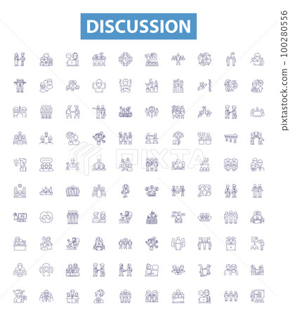 Discussion line icons, signs set. Debate, Dialogue, Disagreement, Talk, Communication, Arguing, Analysis, Exchange, Analysis outline vector illustrations. 100280556