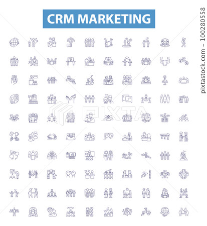 Crm marketing line icons, signs set. CRM, Marketing, Contact, Management, Automation, Prospects, Strategies, Services, Customer outline vector illustrations. 100280558