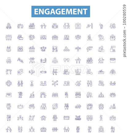 Engagement line icons, signs set. Involvement, Commitment, Attachment, Connection, Interest, Embrace, Alliance, Binding, Occupation outline vector illustrations. Engagement line icons, signs set. Involvement, Commitment, Attachment, Connection, Interest, Embrace, Alliance, Binding, Occupation outline vector illustrations. 100280559