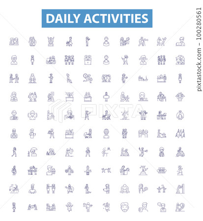 Daily activities line icons, signs set. Routine, Exercise, Work, Study, Commute, Eating, Shopping, Resting, Household outline vector illustrations. Daily activities line icons, signs set. Routine, Exercise, Work, Study, Commute, Eating, Shopping, Resting, Household outline vector illustrations. 100280561