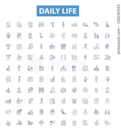 Daily life line icons, signs set. Routine, Daily, Habits, Everyday, Normal, Usual, Commonplace, Drudgery, Mundane outline vector illustrations. Daily life line icons, signs set. Routine, Daily, Habits, Everyday, Normal, Usual, Commonplace, Drudgery, Mundane outline vector illustrations. 100280565