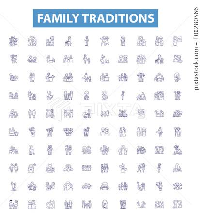 Family traditions line icons, signs set. Traditions, Family, Celebrations, Rituals, Customs, Histories, Inheritance, Heritage, Passed down outline vector illustrations. 100280566