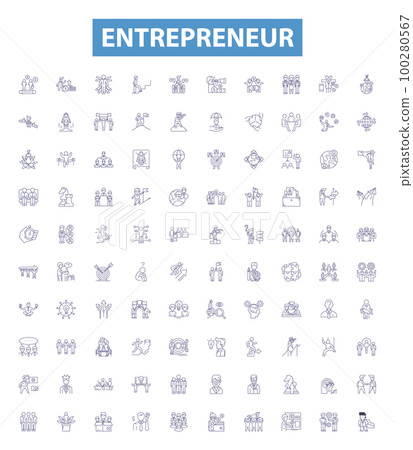 Entrepreneur line icons, signs set. Enterprising, business, innovator, visionary, aspiring, self employed, start up, freelancer, risk taker outline vector illustrations. 100280567