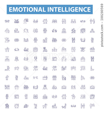 Emotional intelligence line icons, signs set. Affective, Sensitivity, Compassion, Judgement, Self Actualization, Self Awareness, Mentoring, Social Skills, Resilience outline vector illustrations. 100280569