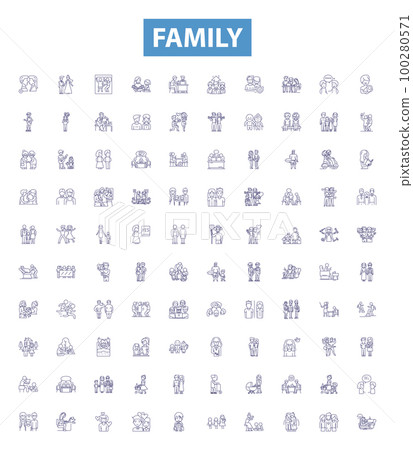 Family line icons, signs set. Kin, Relatives, Clan, Lineage, Descendants, Brood, Tribe, Kinfolk, Offspring outline vector illustrations. 100280571