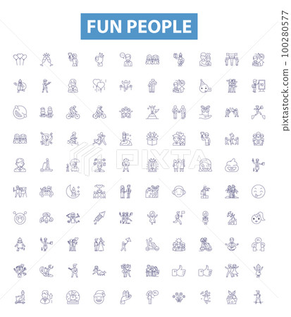 Fun people line icons, signs set. Mirthful, Amusing, Cheerful, Joyful, Vivacious, Blithe, Lighthearted, Comical, Exuberant outline vector illustrations. Fun people line icons, signs set. Mirthful, Amusing, Cheerful, Joyful, Vivacious, Blithe, Lighthearted, Comical, Exuberant outline vector illustrations. 100280577
