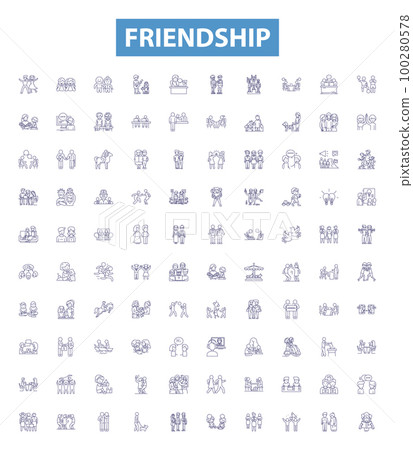 Friendship line icons, signs set. Bonding, Companionship, Alliance, Fellow feeling, Support, Fellowship, Unity, Affinity, Mutualism outline vector illustrations. 100280578