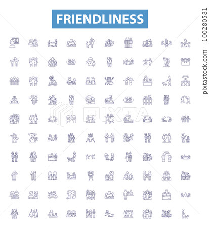 Friendliness line icons, signs set. Affability, Amiability, Approachability, Benevolence, Camaraderie, Comradeship, Cordiality, Courtesy, Generosity outline vector illustrations. Friendliness line icons, signs set. Affability, Amiability, Approachability, Benevolence, Camaraderie, Comradeship, Cordiality, Courtesy, Generosity outline vector illustrations. 100280581